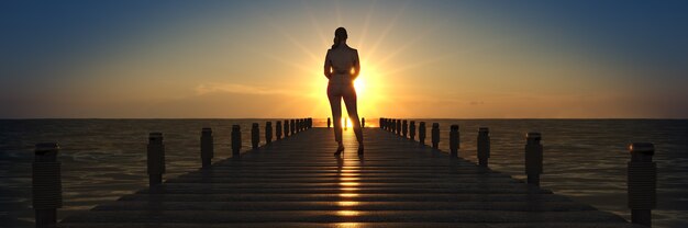 Wooden bridge in a sunset with business woman 3d rendering