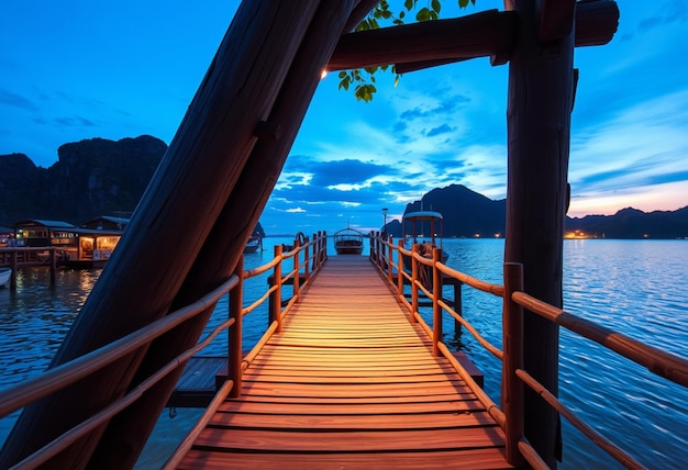 Photo a wooden bridge that has a sign that says  the name of the sea