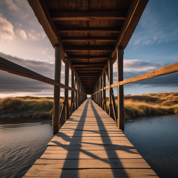 Photo a wooden bridge that has a wooden bridge over water