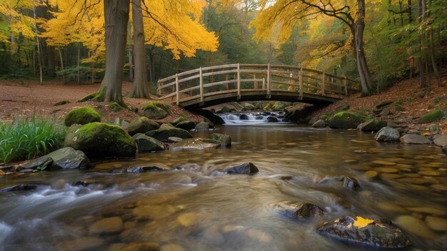 Wooden bridge over a tranquil forest stream