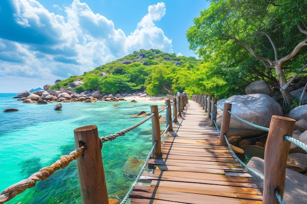 Photo a wooden bridge over the water with a mountain in the background