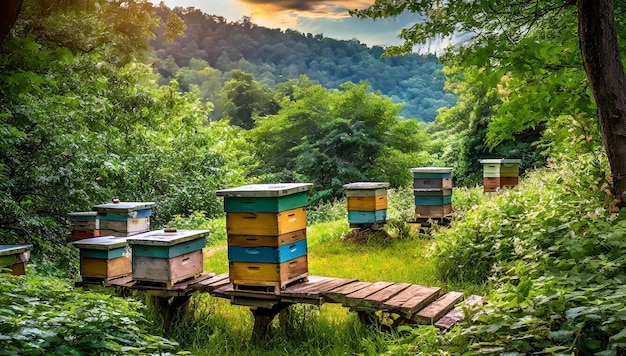 a wooden bridge with bees on it and trees in the background