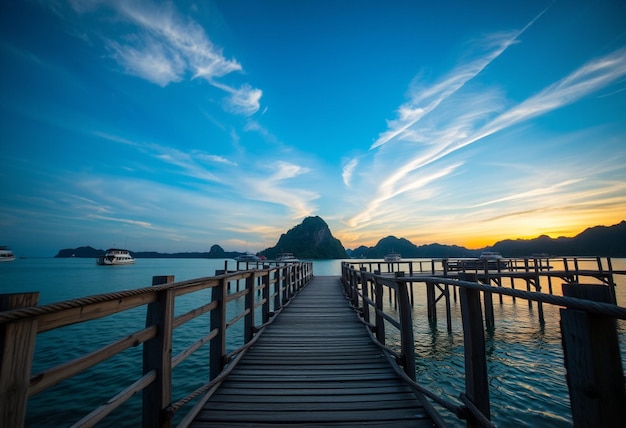 a wooden bridge with a boat in the background and a boat in the background