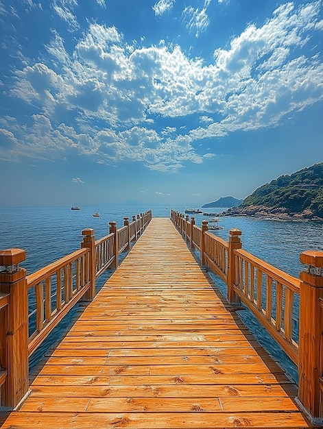 a wooden bridge with a boat in the background and a ship in the background