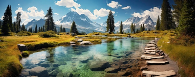 Wooden bridge with lake background