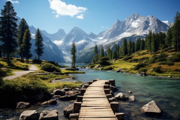 Wooden bridge with lake background