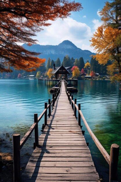 Wooden bridge with lake background