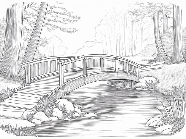 Photo wooden bridge with railings over a stream in the forest