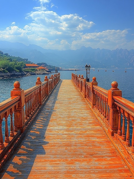 a wooden bridge with a view of a body of water and mountains in the background