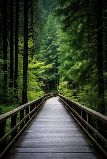 a wooden bridge in the woods