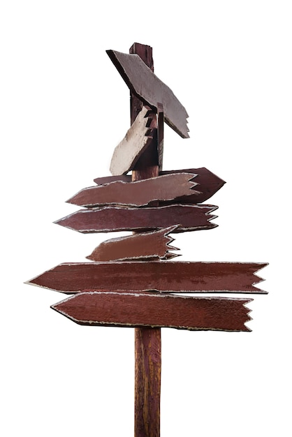 Wooden brown signpost directions without labels on white background