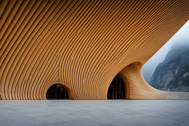 A wooden building with a curved roof and a mountain in the background.