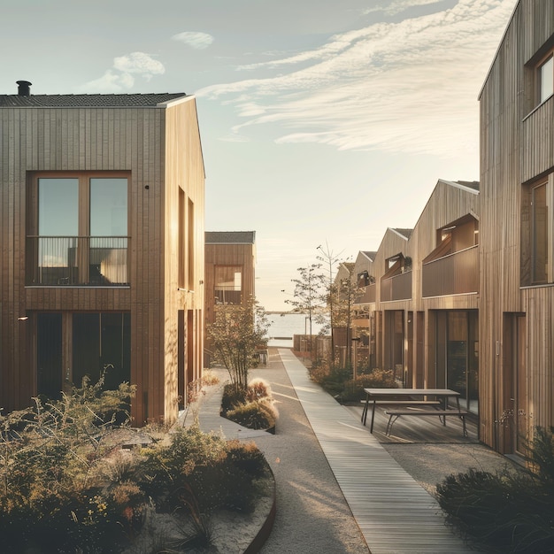 Photo a wooden building with a picnic table and a picnic table in the foreground