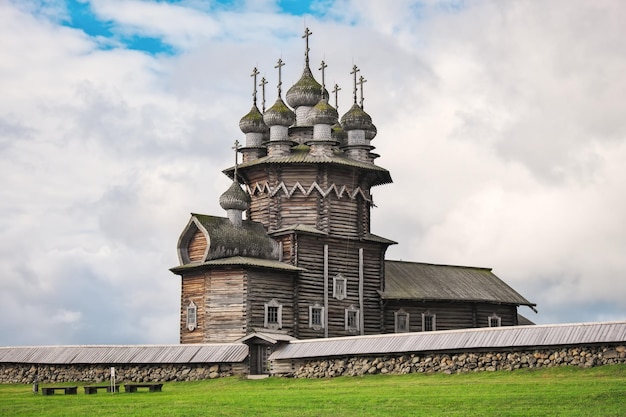 The wooden buildings of the ancient Russian architecture The famous Church of the Transfiguration of the Lord after restoration Kizhi island Onega lake Republic of Karelia Russia