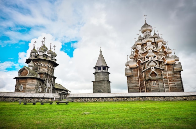 The wooden buildings of the ancient Russian architecture The famous Church of the Transfiguration of the Lord after restoration Kizhi island Onega lake Republic of Karelia Russia