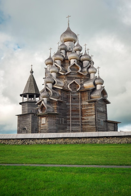 The wooden buildings of the ancient Russian architecture The famous Church of the Transfiguration of the Lord after restoration Kizhi island Onega lake Republic of Karelia Russia