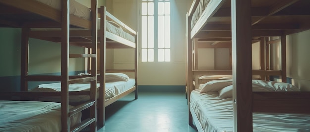 Photo wooden bunk beds arranged in a dormitory with sunlight streaming through sheer curtains creating a warm and homey atmosphere