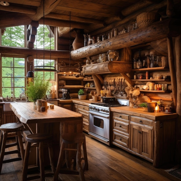 Wooden Cabin Kitchen with Log Furniture