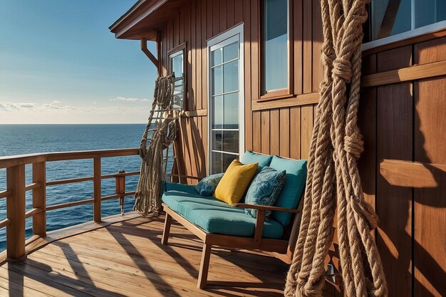 Photo a wooden cabin with a blue couch and yellow pillows on the deck