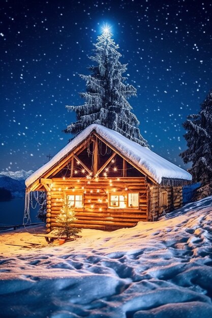 a wooden cabin with christmas lights on the roof and a snowy night sky generative ai