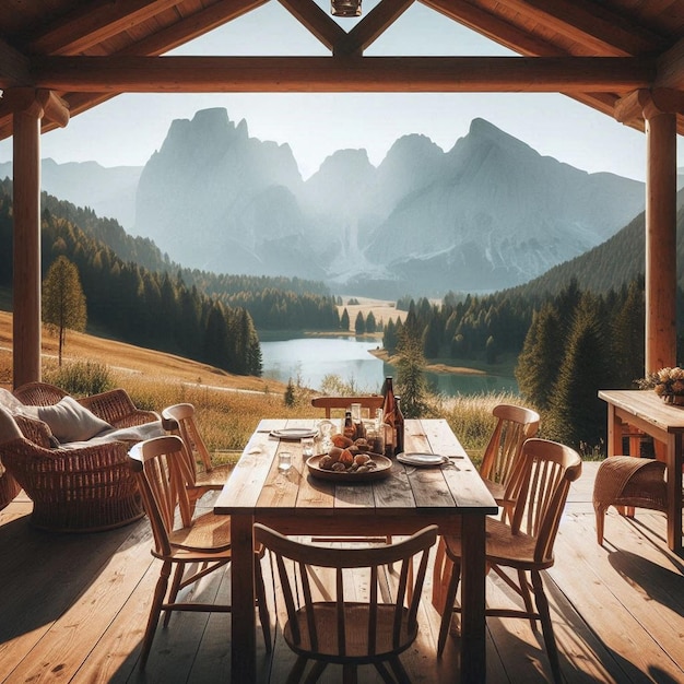 Photo a wooden cabin with a lake in the background