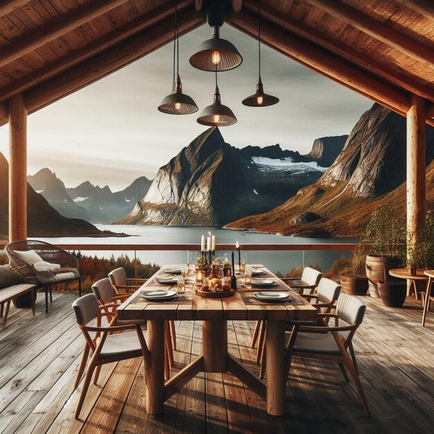 Photo a wooden cabin with a mountain view in the background