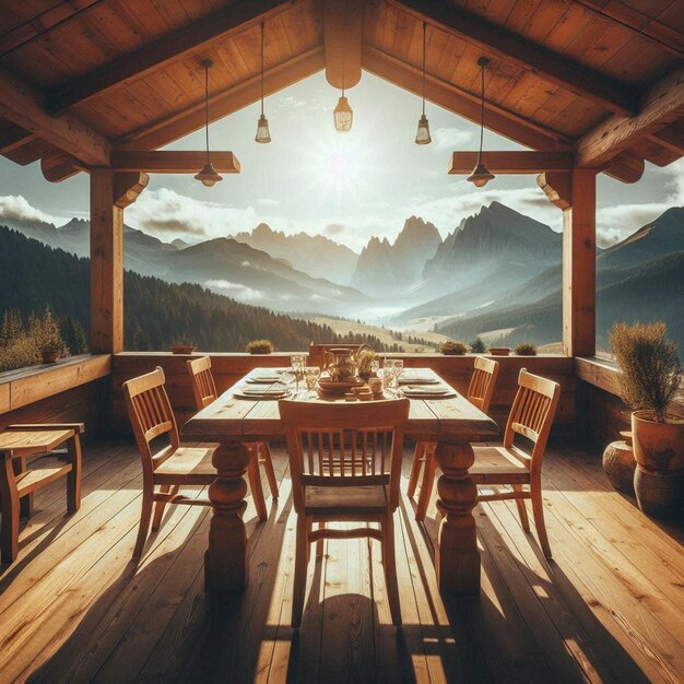 Photo a wooden cabin with a table and chairs and mountains in the background