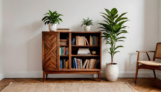 Photo wooden cabinet with books and plants