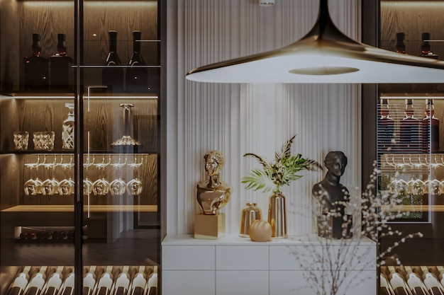 A wooden cabinet with glass doors containing wine bottles and glasses in the dining area