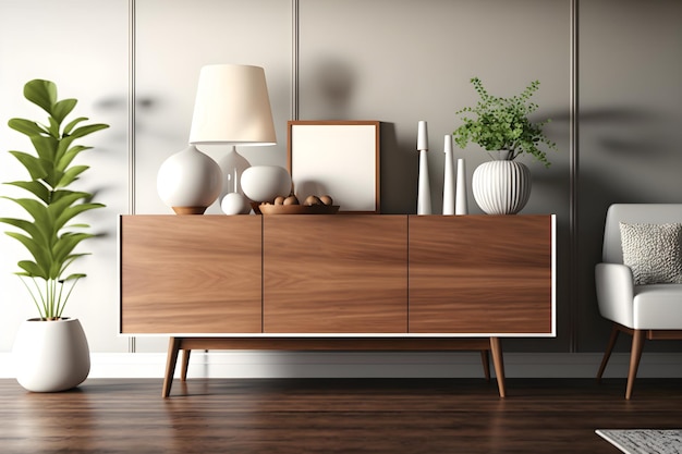 A wooden cabinet with a lamp and a plant on it