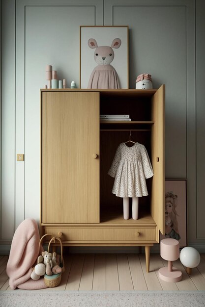 A wooden cabinet with a picture of a girl on it and a pink hello kitty on the wall.