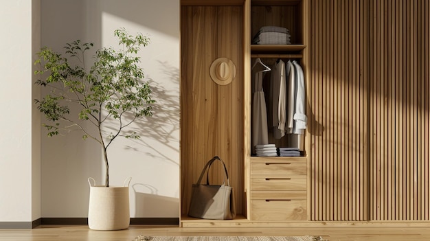 a wooden cabinet with a plant and a bag on it