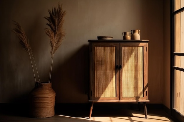 A wooden cabinet with a plant in the corner