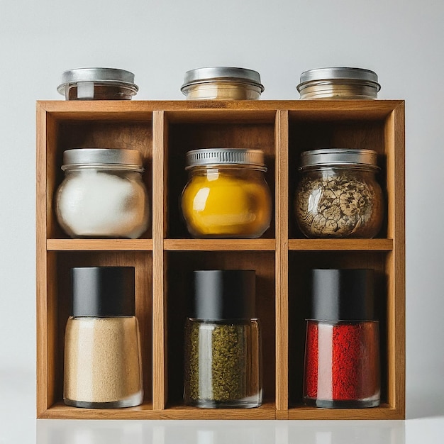 Photo a wooden cabinet with spices and spices including spices