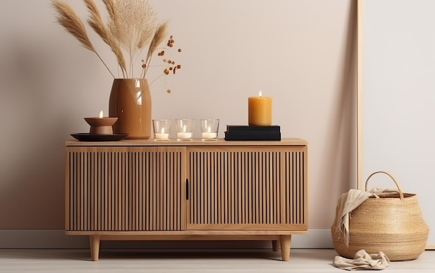 A wooden cabinet with a vase of candles and a vase of dried flowers on it.