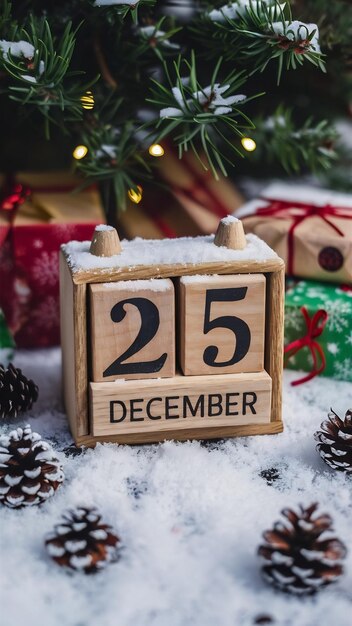 Photo wooden calendar date 25 december with gifts snow and pine cones in anticipation of christmas in co