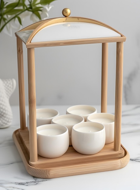 Photo wooden candle holder with six candles and a dome lid