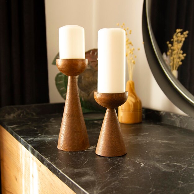 Photo wooden candlestick set home decor