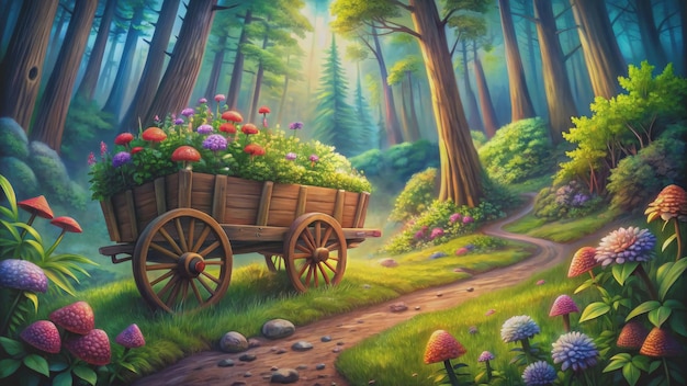 A Wooden Cart Filled With Flowers Rests on a Path in a Sunlit Forest Generative AI