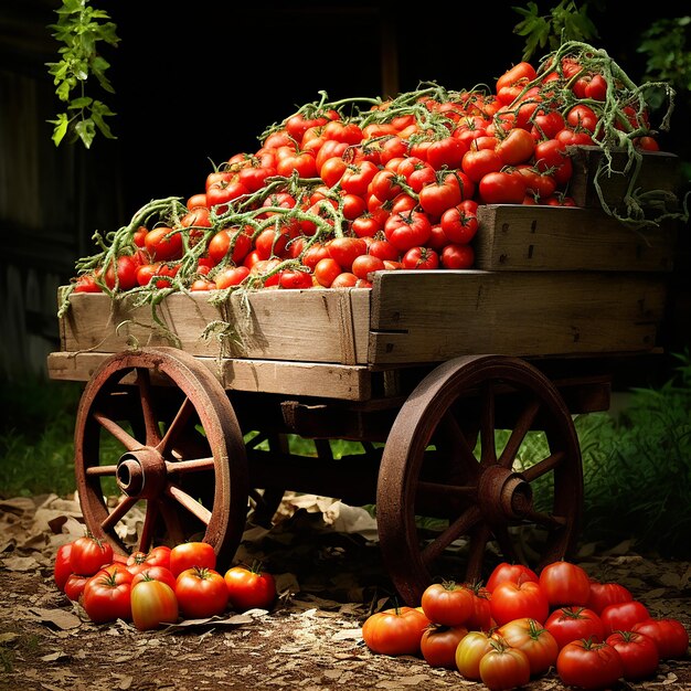 A wooden cart loaded with the fruits of a fertile tomato farm