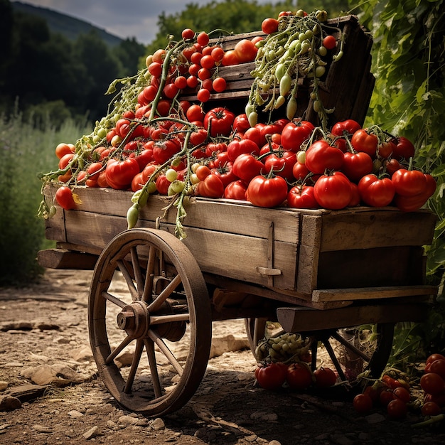 A wooden cart loaded with the fruits of a fertile tomato farm