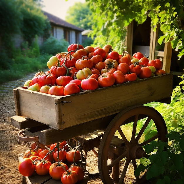 A wooden cart loaded with the fruits of a fertile tomato farm