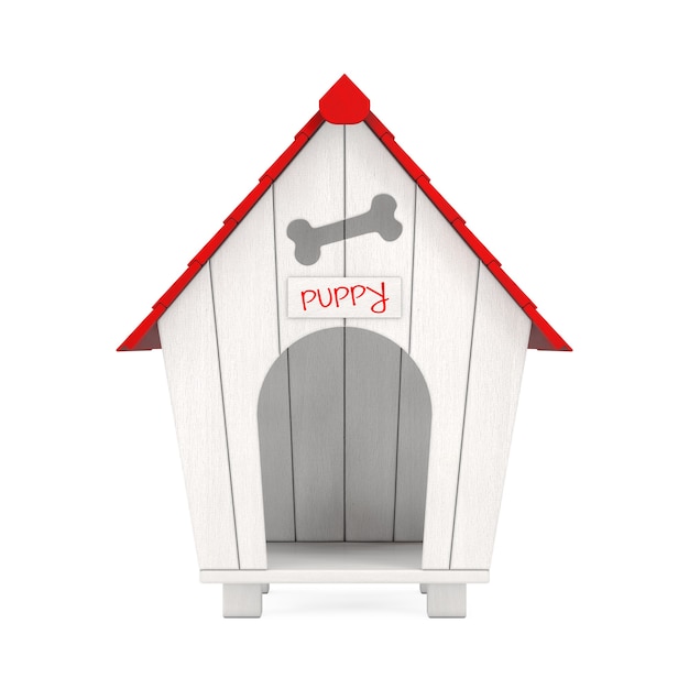 Wooden Cartoon Dog House with Red Roof and Puppy Sign on a white background. 3d Rendering