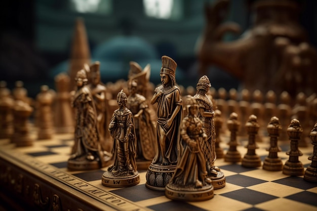 Wooden carved chess pieces on a chessboard