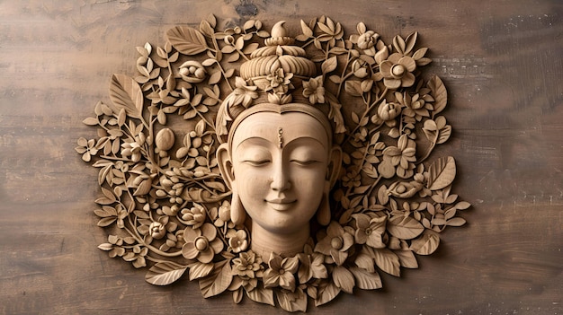 Wooden Carving of a Buddha Face Surrounded by Flowers