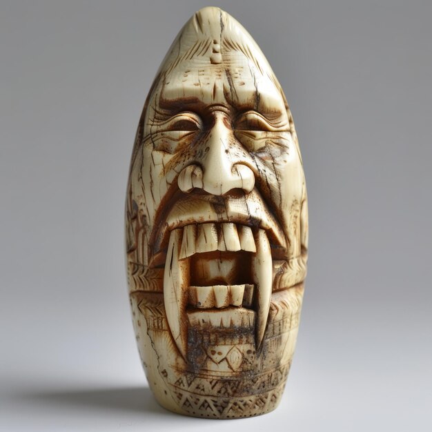 a wooden carving of a face with the mouth open