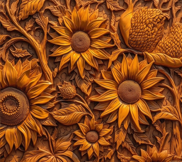 A wooden carving of sunflowers is shown with the word sunflowers on it.