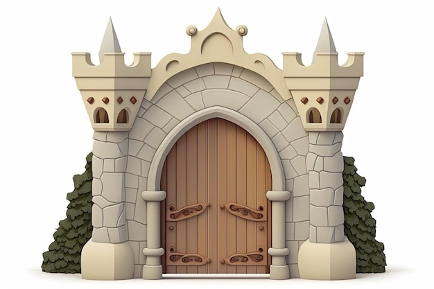 Wooden castle gate with a medieval arch closed and isolated on white