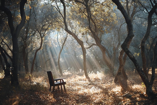 Wooden chair in the autumn forest with sun rays and fog