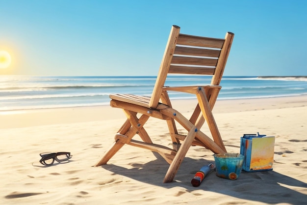 a wooden chair on the beach with a bottle of beer next to it